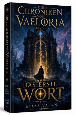 Cover of 'Die Chroniken von Vaeloria Band 1 – Das Erste Wort': a cloaked figure before a glowing golden gate in a ruined city under a starry sky, gold lettering above and around.
