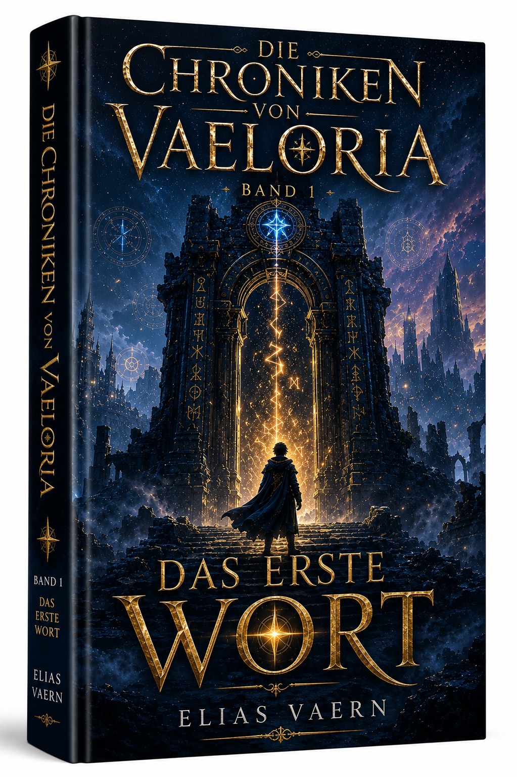 Cover of 'Die Chroniken von Vaeloria Band 1 – Das Erste Wort': a cloaked figure before a glowing golden gate in a ruined city under a starry sky, gold lettering above and around.