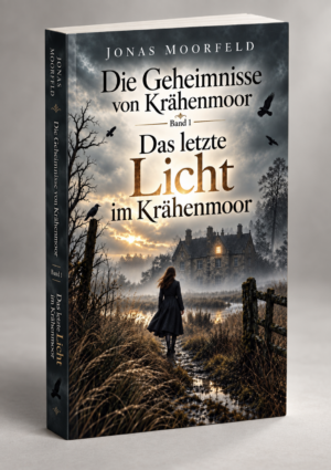 Book cover for 'Das letzte Licht im Krähenmoor': a woman in a dark coat walks a muddy path toward a lit manor at sunset.